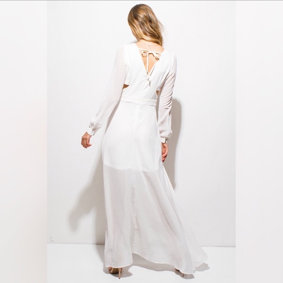 White Chiffon Blouson Long Sleeve Boho Maxi Dress - Picture 2 of 6